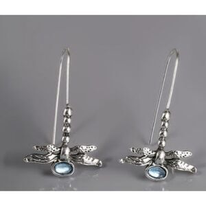 Silver Alloy Dragonfly Hanging Earrings French Wires Blue Stone